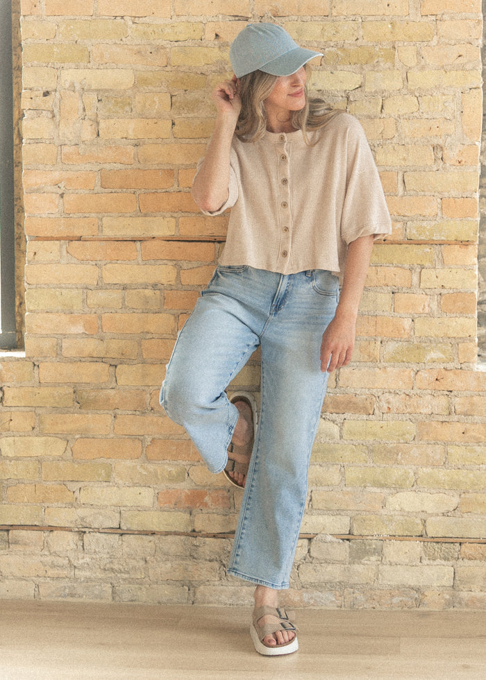 Oatmeal Ribbed Knit Button Front Top FF Tops