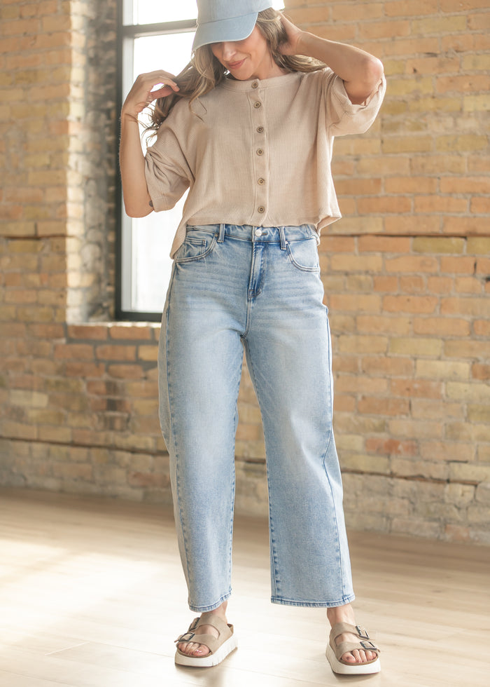 Oatmeal Ribbed Knit Button Front Top FF Tops