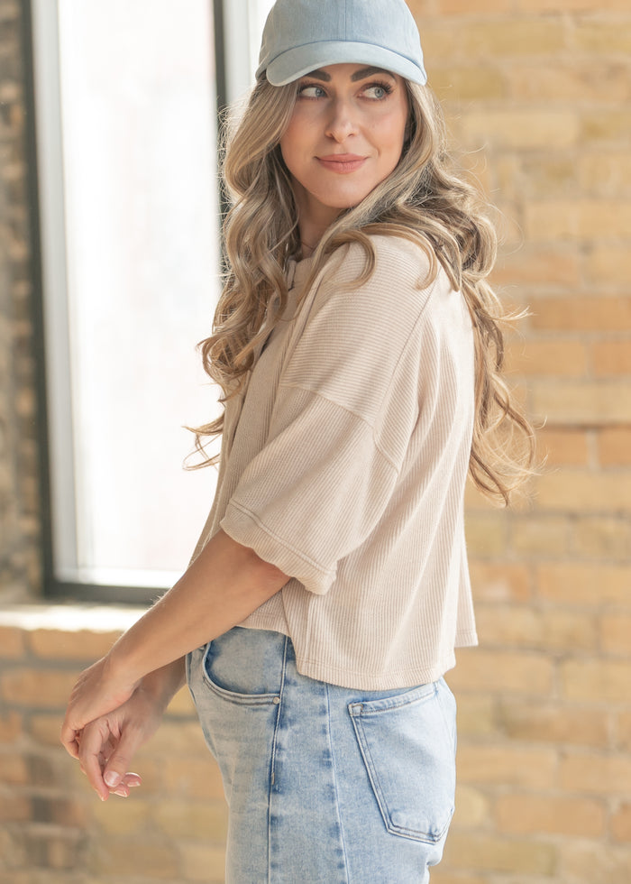 Oatmeal Ribbed Knit Button Front Top FF Tops
