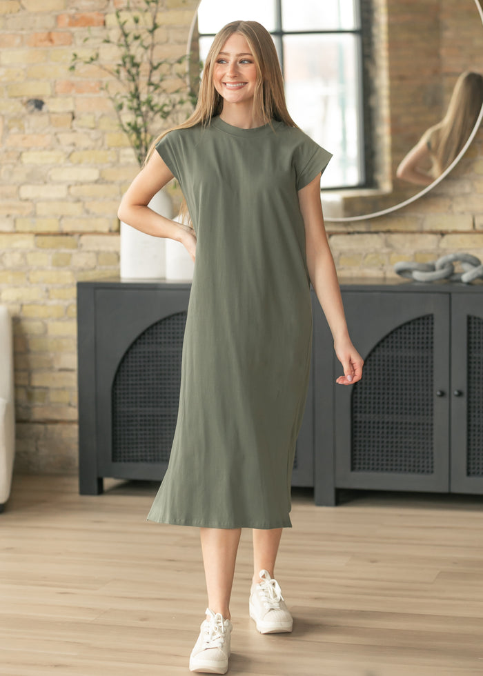 Olive Cap Sleeve T-shirt Midi Dress FF Dresses