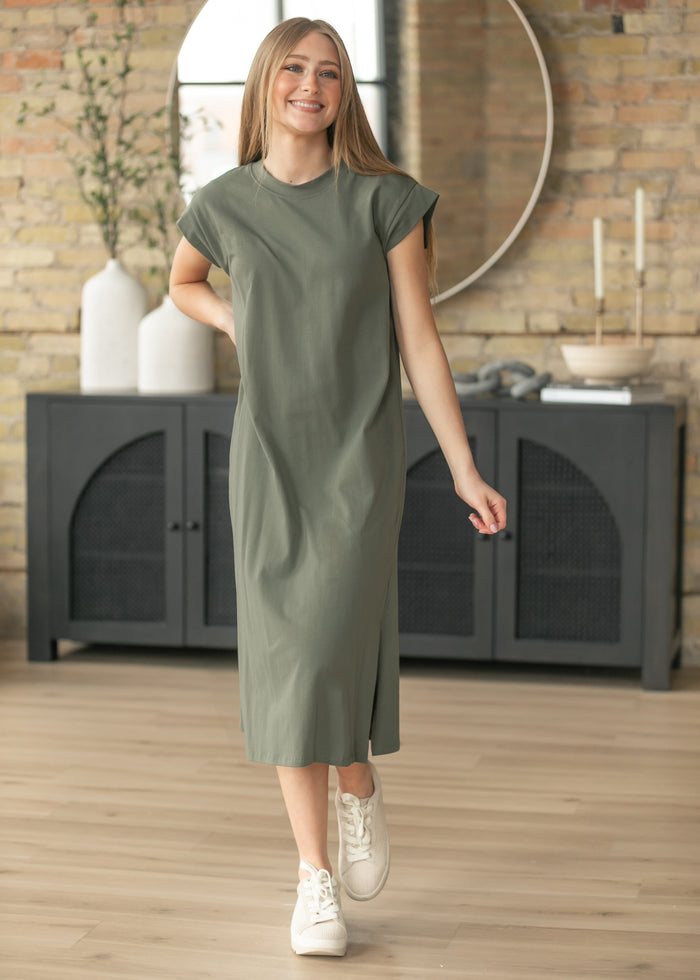 Olive Cap Sleeve T-shirt Midi Dress FF Dresses