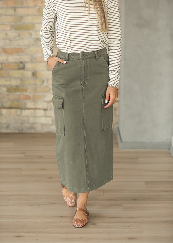 Olive Denim Cotton Cargo Midi Skirt FF Skirts S