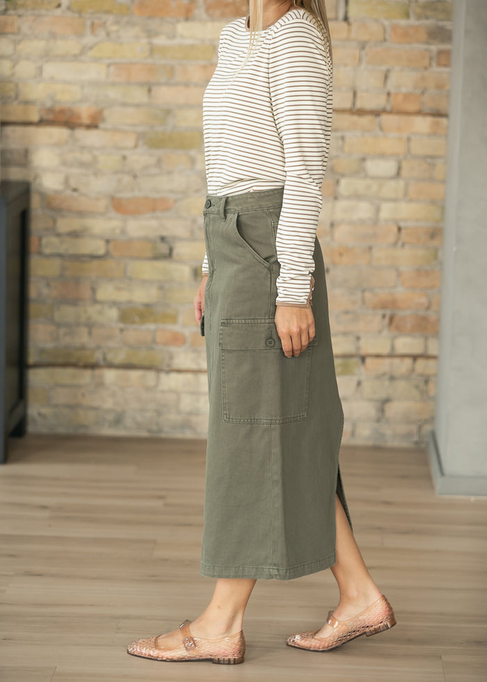 Olive Denim Cotton Cargo Midi Skirt FF Skirts