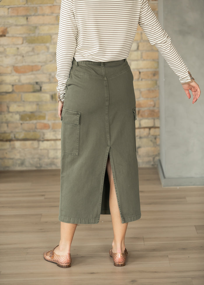 Olive Denim Cotton Cargo Midi Skirt FF Skirts