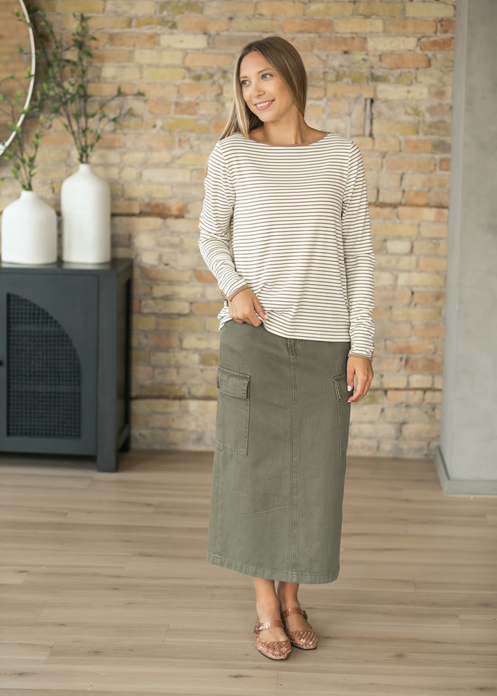 Olive Denim Cotton Cargo Midi Skirt FF Skirts