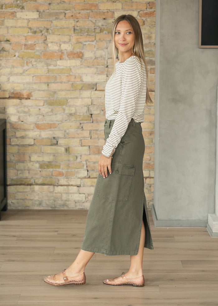 Olive Denim Cotton Cargo Midi Skirt FF Skirts