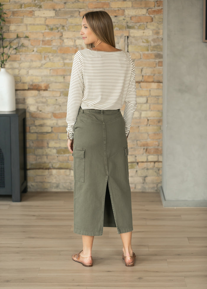 Olive Denim Cotton Cargo Midi Skirt FF Skirts