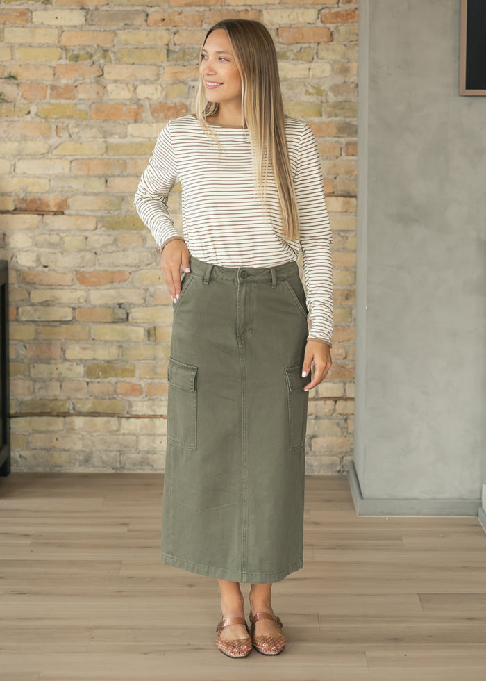 Olive Denim Cotton Cargo Midi Skirt FF Skirts