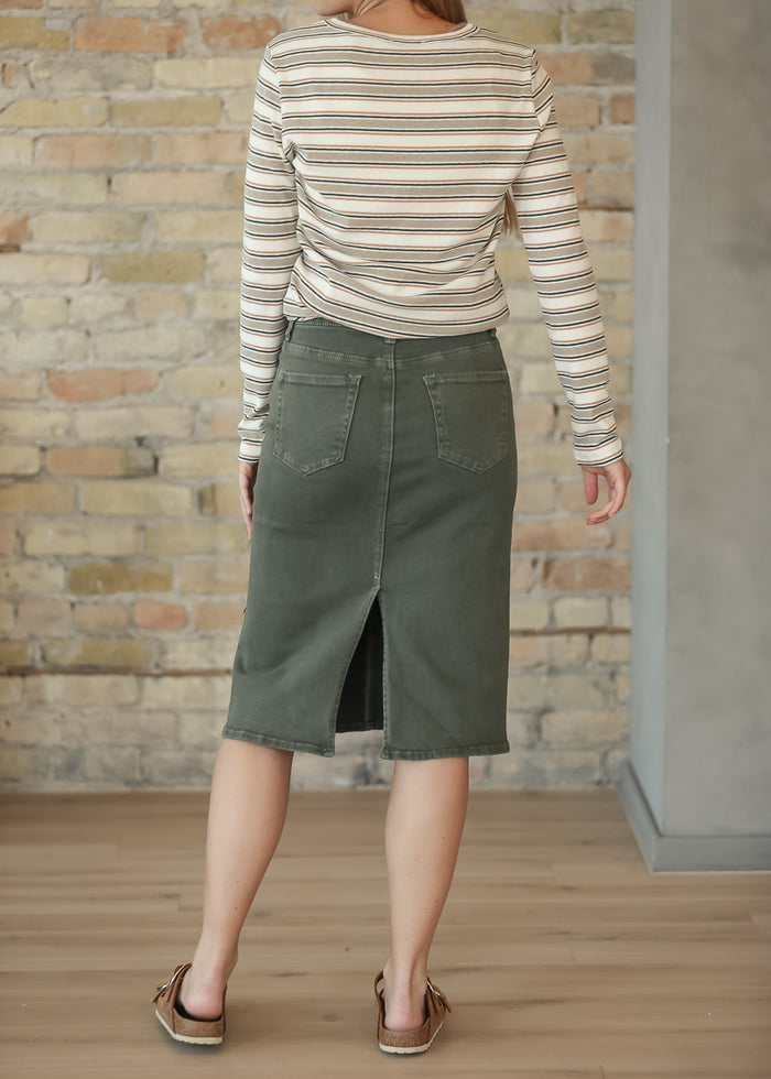 Olive Denim Straight Fit Midi Skirt FF Skirts