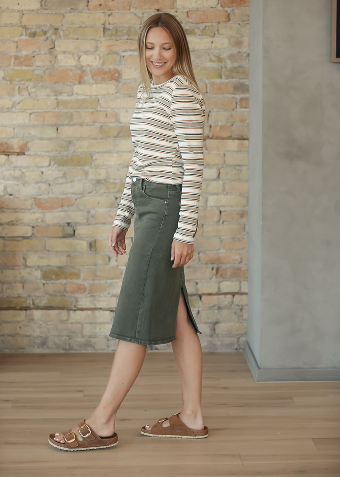 Olive Denim Straight Fit Midi Skirt FF Skirts