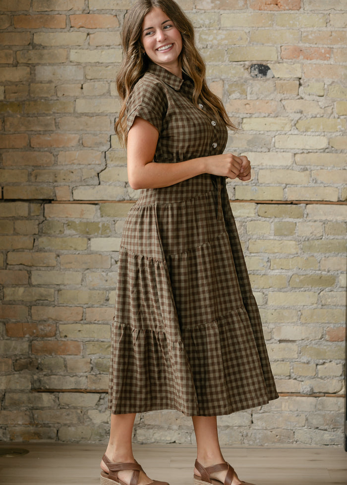 Olive Plaid Waist Tie Shirt Dress FF Dresses