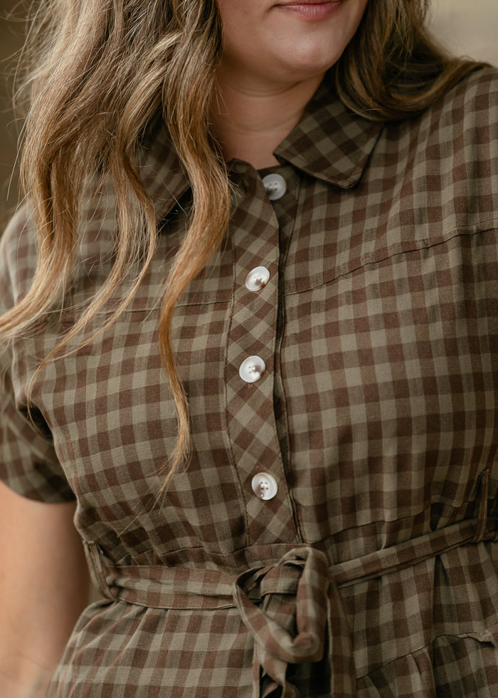Olive Plaid Waist Tie Shirt Dress FF Dresses
