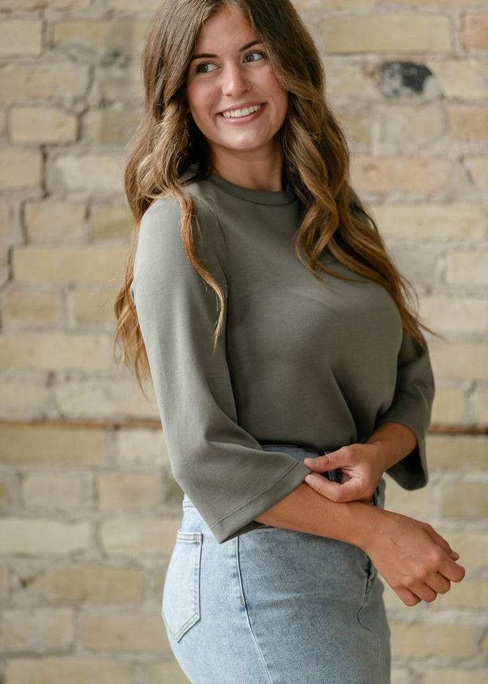 Olive Scuba 3/4 Sleeve Top FF Tops