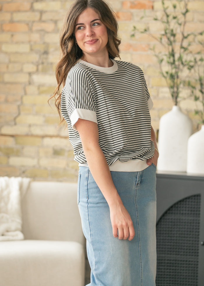 Olive Stripe Contrast Trim Top FF Tops