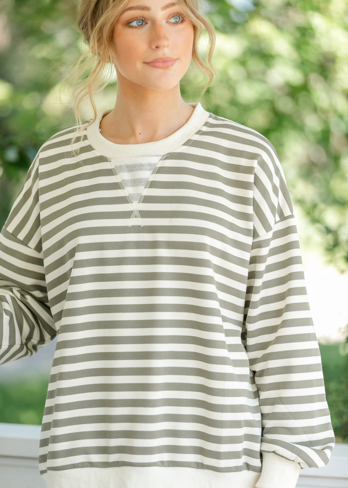 Olive Striped Crewneck Top FF Tops