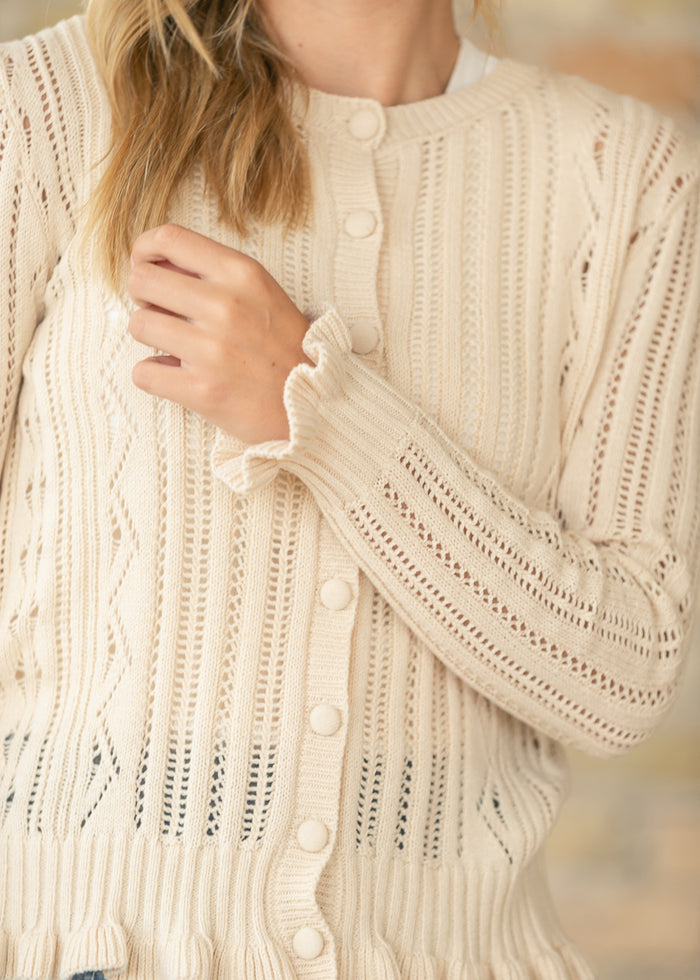 Open Knit Cream Long Sleeve Cardigan FF Tops