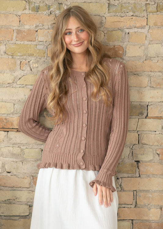 Open Knit Mocha Long Sleeve Cardigan FF Tops