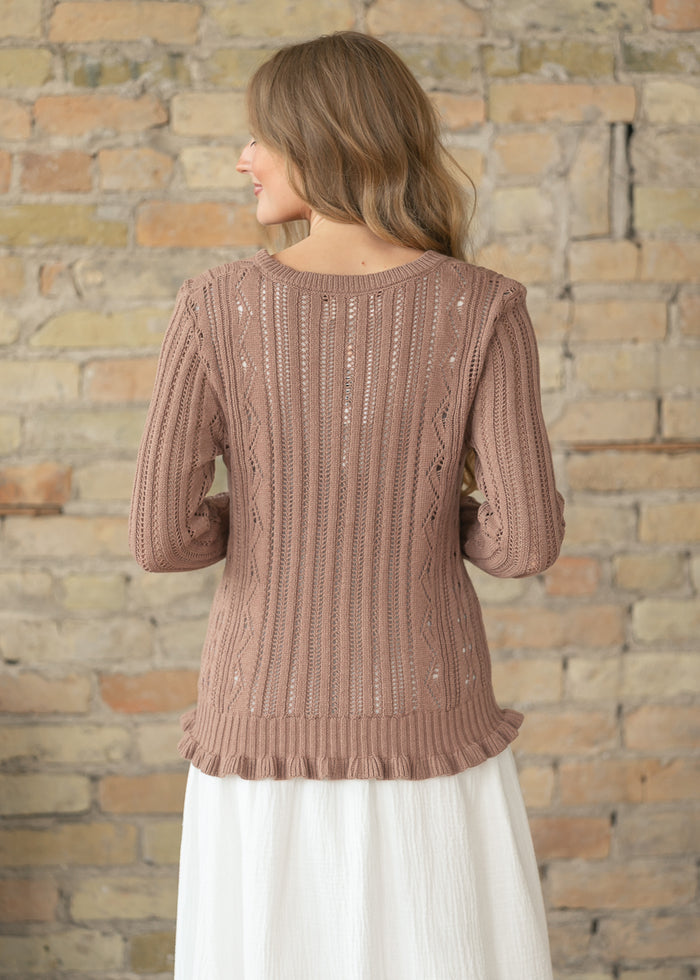 Open Knit Mocha Long Sleeve Cardigan FF Tops
