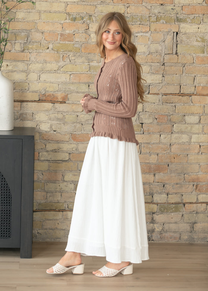 Open Knit Mocha Long Sleeve Cardigan FF Tops