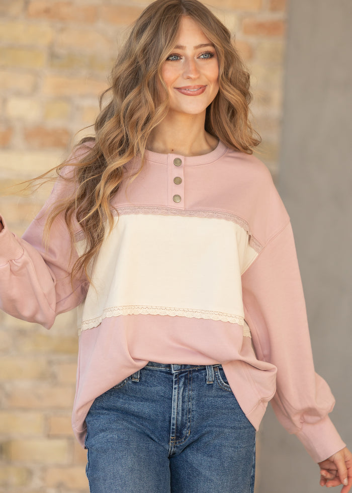 Oversize Lace Trim Pullover FF Tops