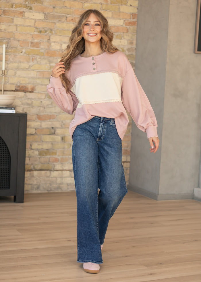 Oversize Lace Trim Pullover FF Tops