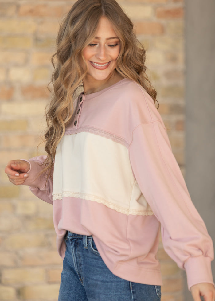Oversize Lace Trim Pullover FF Tops