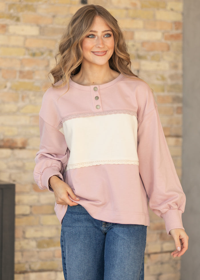 Oversize Lace Trim Pullover FF Tops