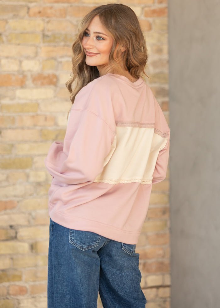 Oversize Lace Trim Pullover FF Tops