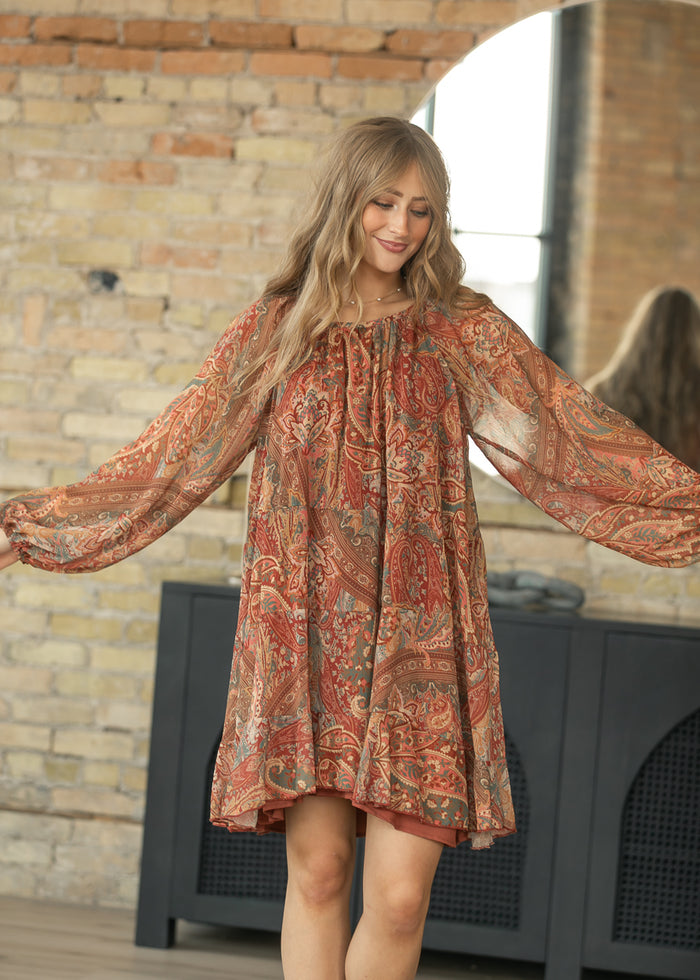 Paisley Print Ruffle Tunic Midi Dress FF Dresses