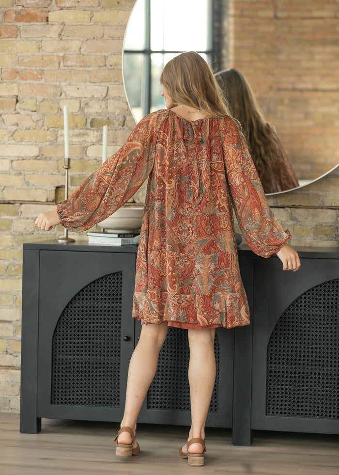Paisley Print Ruffle Tunic Midi Dress FF Dresses
