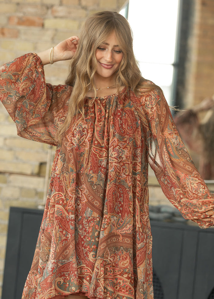 Paisley Print Ruffle Tunic Midi Dress FF Dresses S