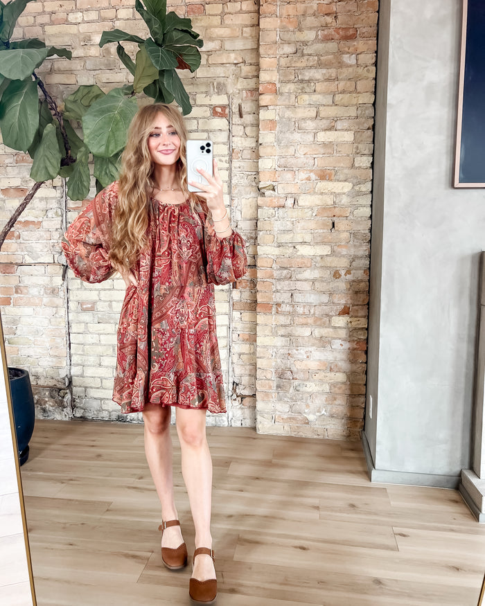 Paisley Print Ruffle Tunic Midi Dress FF Dresses