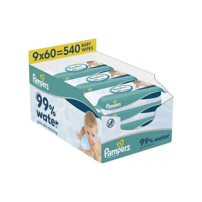 Pampers 99% Water Plastic Free Baby Wipes 9x60 pcs - ebebek