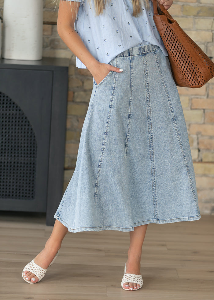 Paneled A-line Denim Midi Skirt FF Skirts