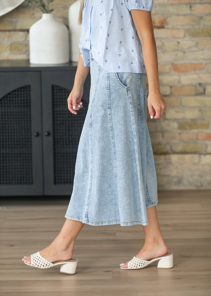 Paneled A-line Denim Midi Skirt FF Skirts