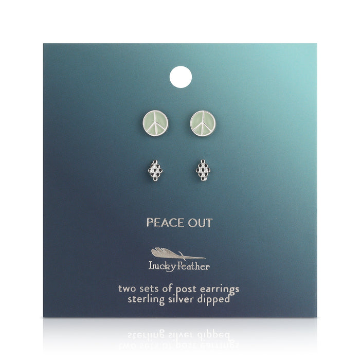 Two sets of 'Lucky Feather' sterling silver dipped post earrings displayed on a blue gradient card.