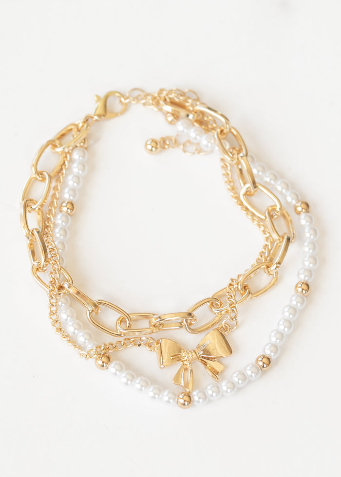 Pearl Bow Chain Bracelet Trio Accessory