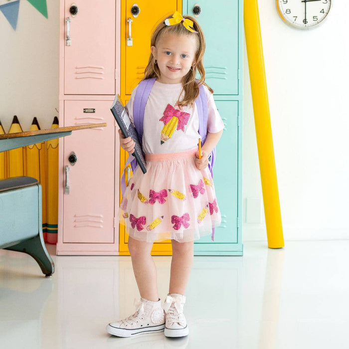 Pencil Bow Sequin Patch Short Sleeve T-Shirt - Girls Clothes