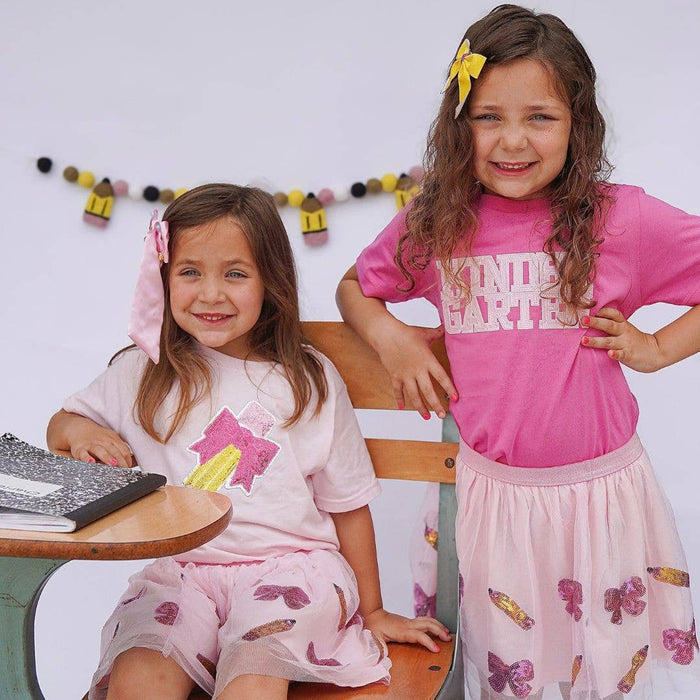 Pencil Bow Sequin Patch Short Sleeve T-Shirt - Girls Clothes