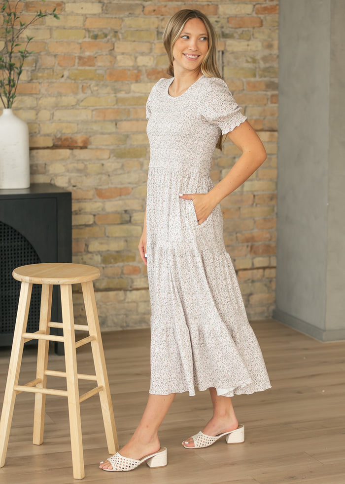 Penelope Blush Floral Smocked Midi Dress IC Dresses