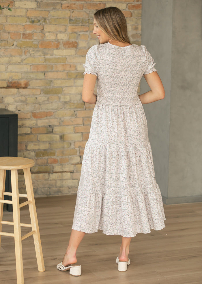 Penelope Blush Floral Smocked Midi Dress IC Dresses