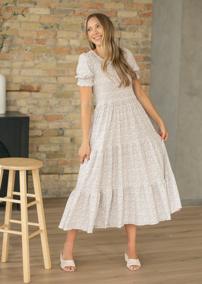 Penelope Blush Floral Smocked Midi Dress IC Dresses