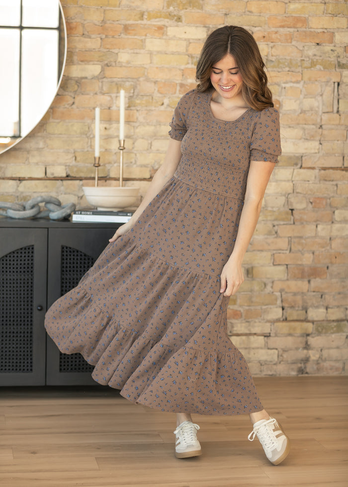 Penelope Chocolate Floral Smocked Midi Dress IC Dresses