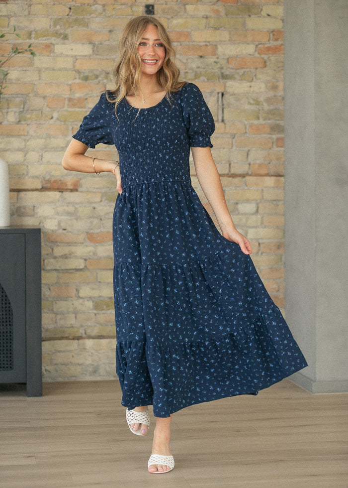 Penelope Navy Floral Smocked Midi Dress IC Dresses