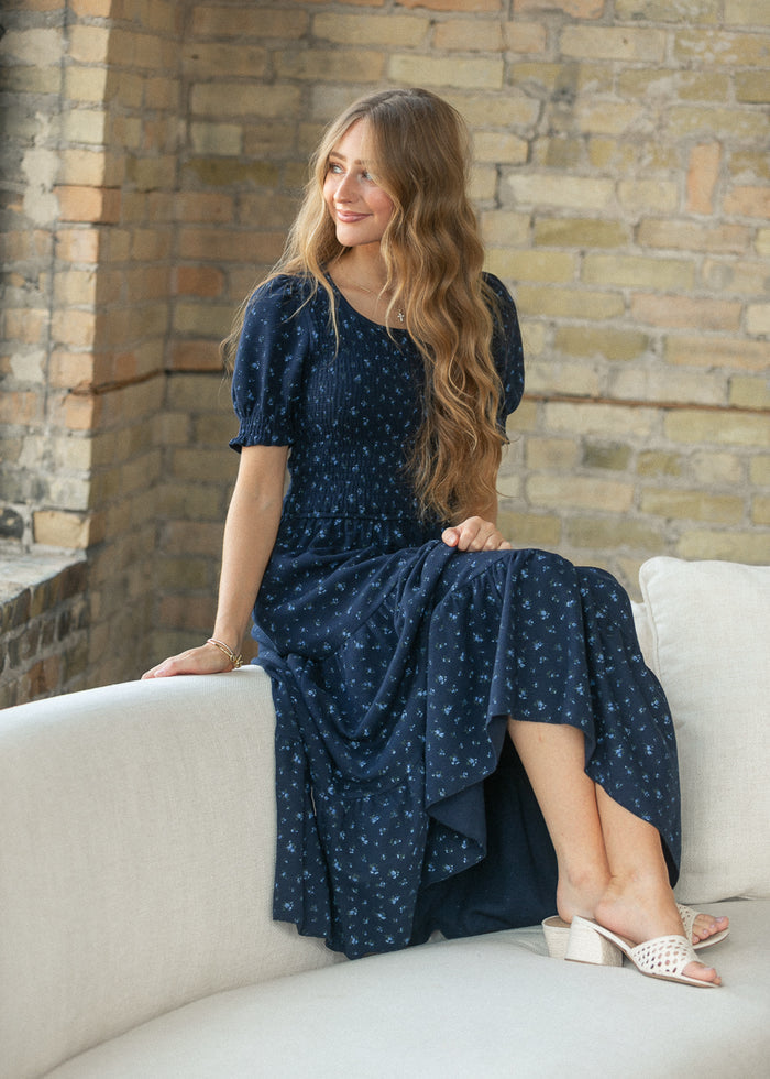 Penelope Navy Floral Smocked Midi Dress IC Dresses
