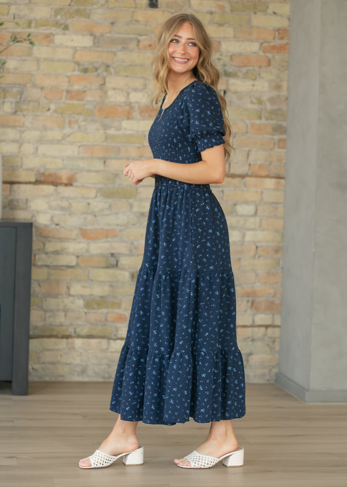 Penelope Navy Floral Smocked Midi Dress IC Dresses