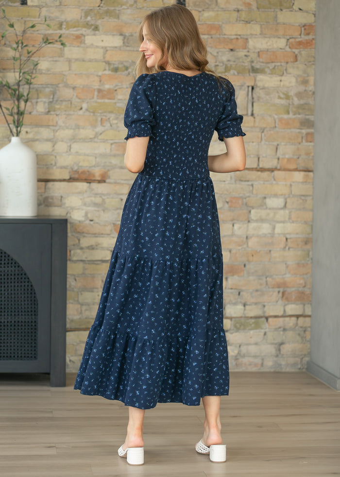 Penelope Navy Floral Smocked Midi Dress IC Dresses