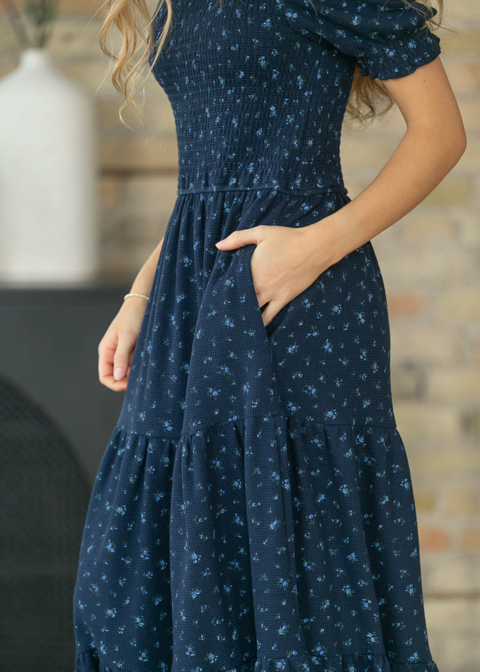 Penelope Navy Floral Smocked Midi Dress IC Dresses
