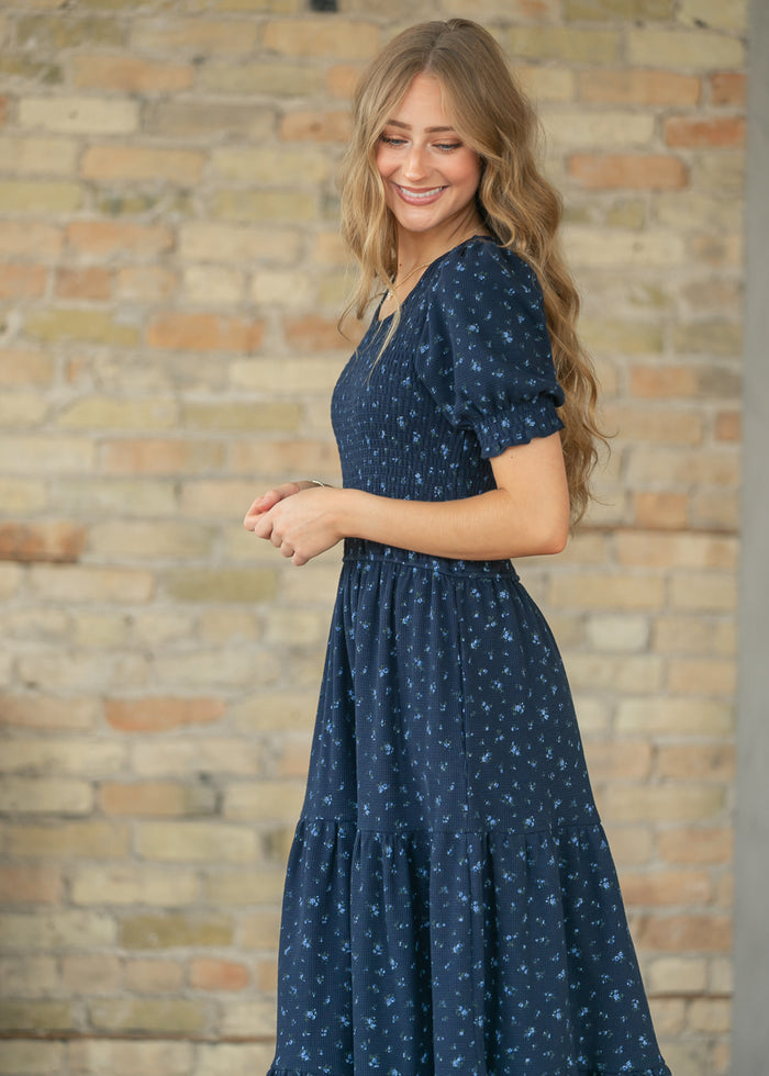 Penelope Navy Floral Smocked Midi Dress IC Dresses