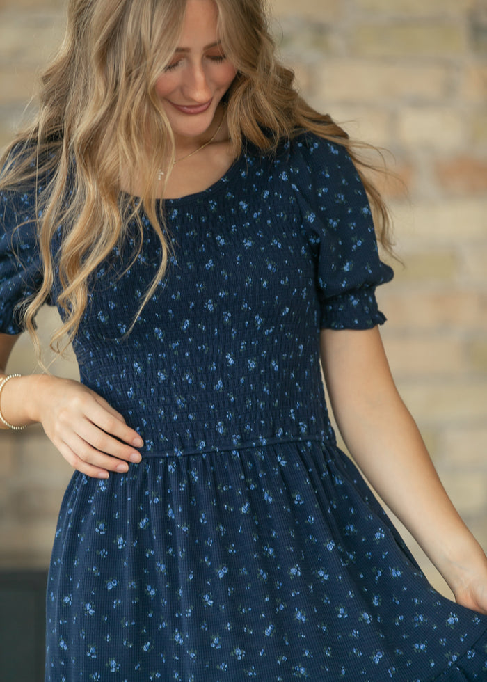 Penelope Navy Floral Smocked Midi Dress IC Dresses